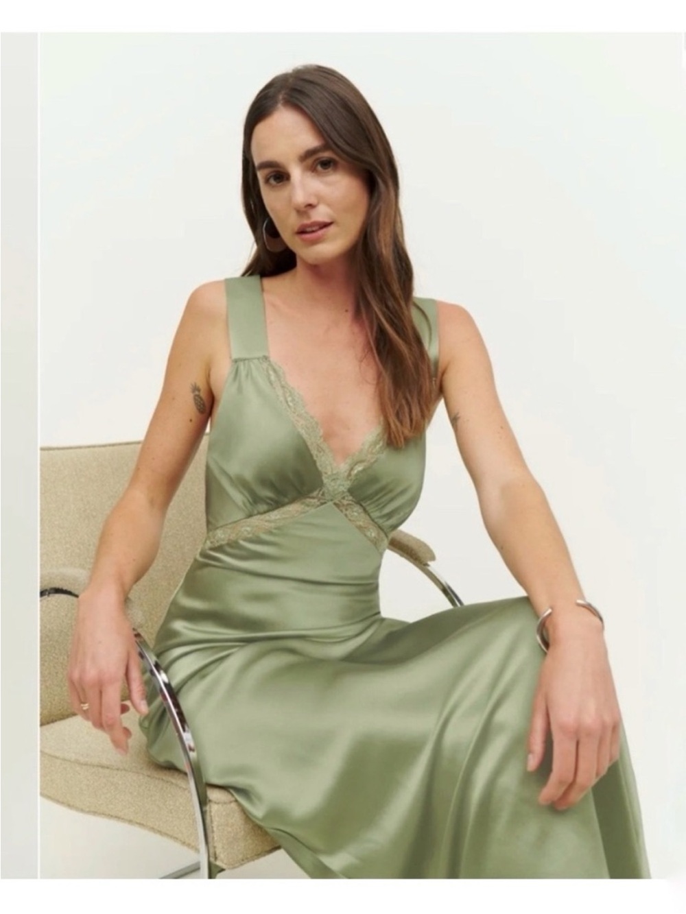 Reformation Chania Artichoke Silk Olive Green Slip Maxi Lace NWT Gown Dress XL - Picture 3 of 13